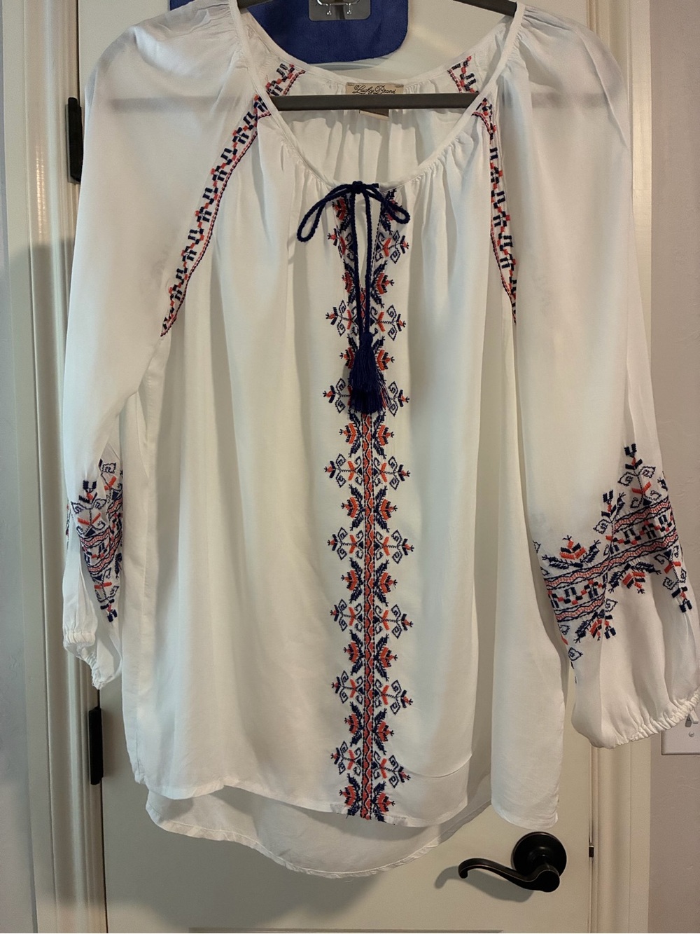 Lucky Brand White Tunic with Navy & Orange Embroidery